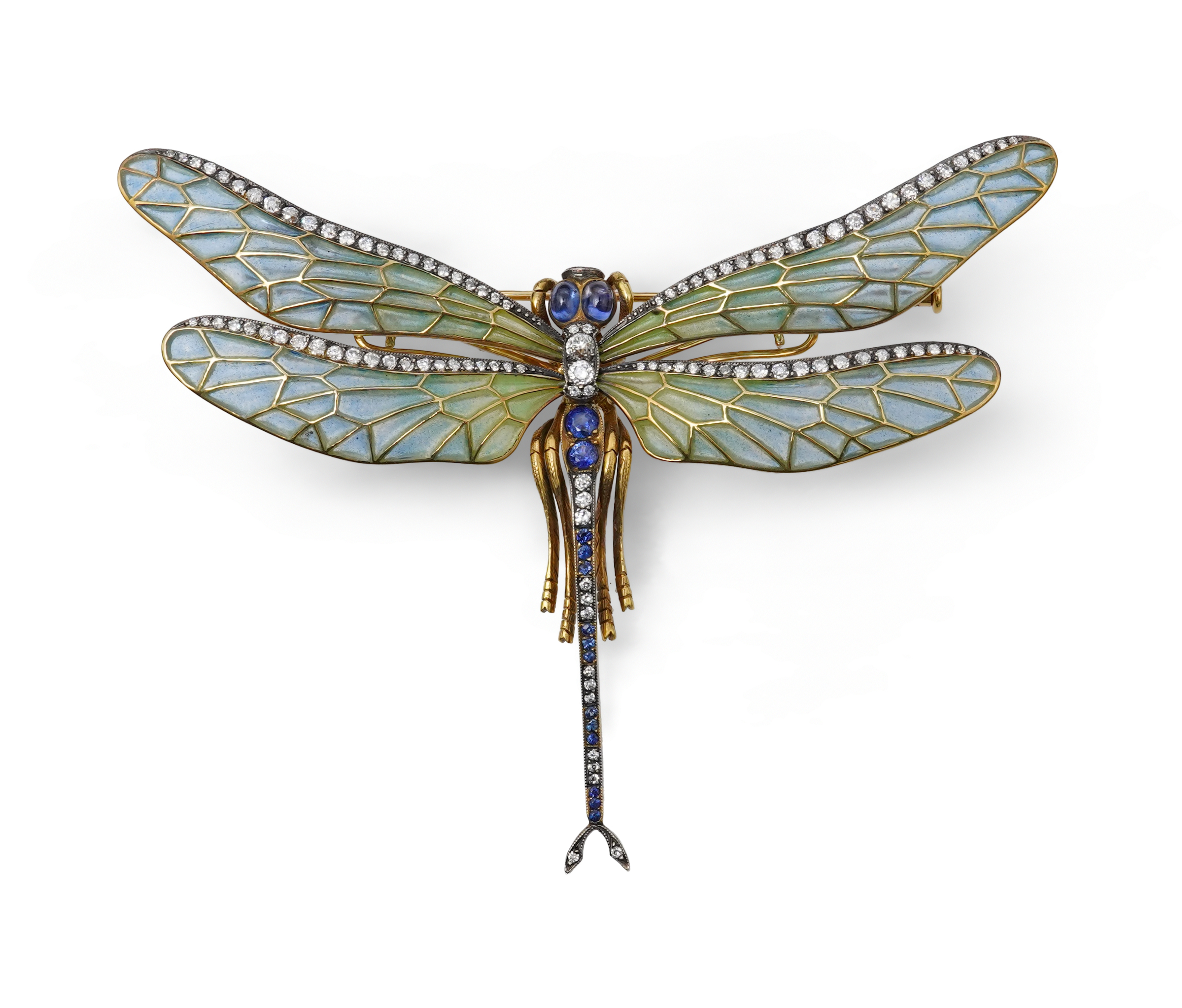 An enamel, sapphire and diamond dragonfly brooch